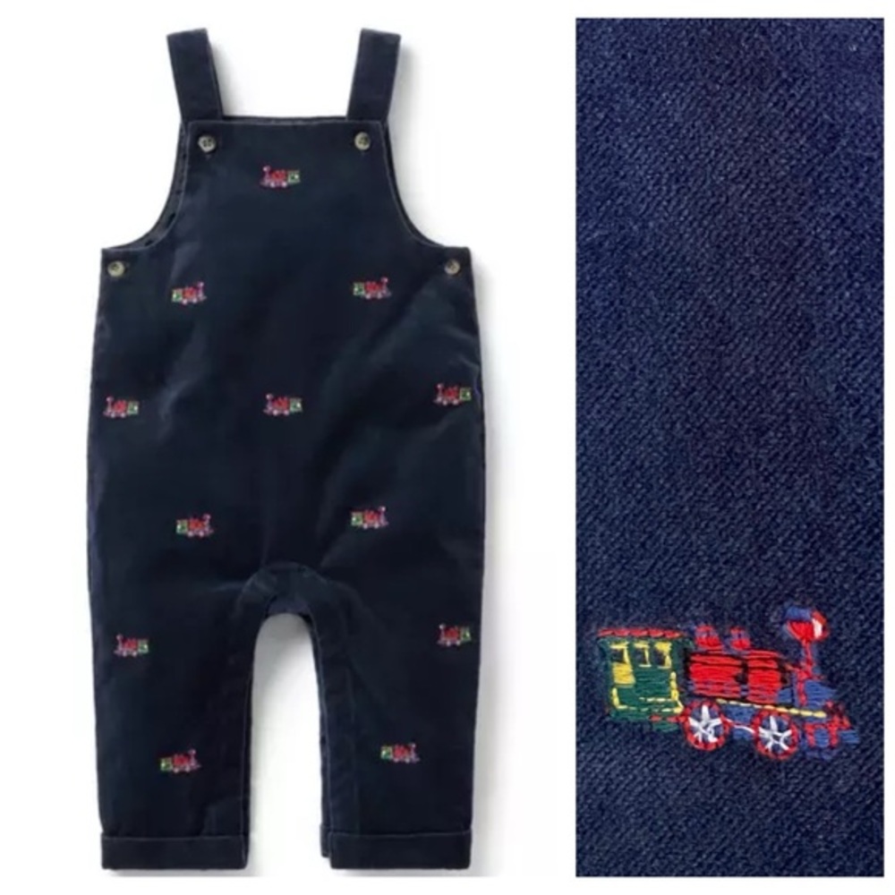 Janie and Jack Navy Blue Velvet Embroidered Holiday Train Overalls 6-12 months